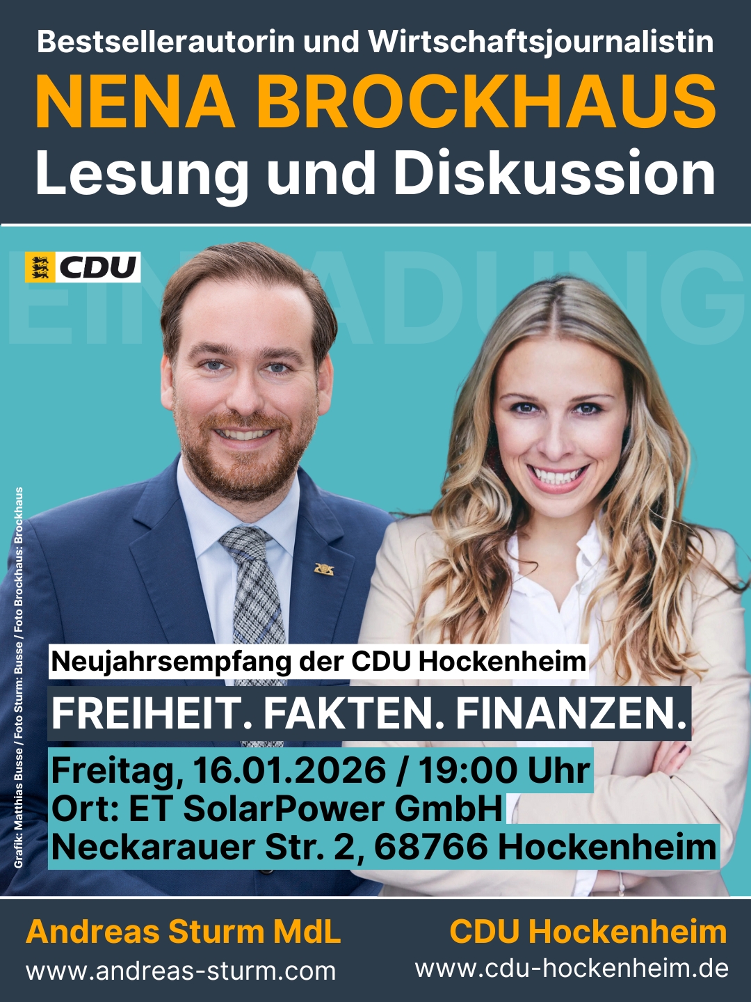 Andreas Sturm MdL und Nena Brockhaus. (Foto Sturm: Busse / Foto Brockhaus: Brockhaus)